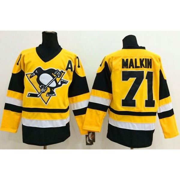 Penguins #71 Evgeni Malkin Yellow Throwback Stitched Jersey