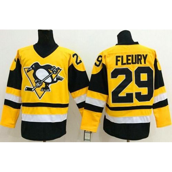 Penguins #29 Andre Fleury Yellow Throwback Stitched Jersey