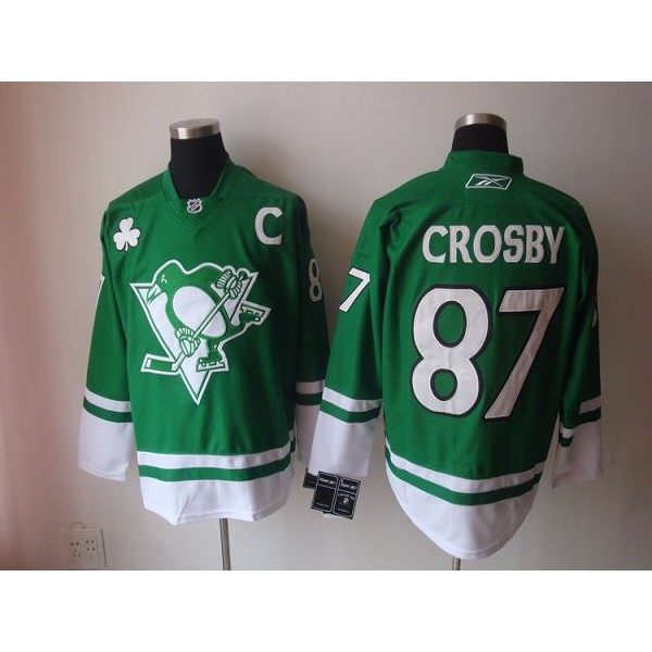 Penguins #87 Sidney Crosby Stitched Green St Patty's Day Jersey