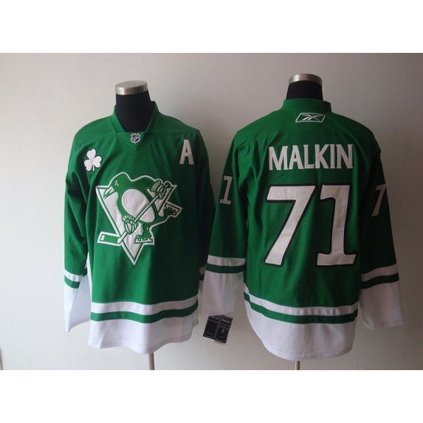 Penguins #71 Evgeni Malkin Stitched Green St Patty's Day Jersey