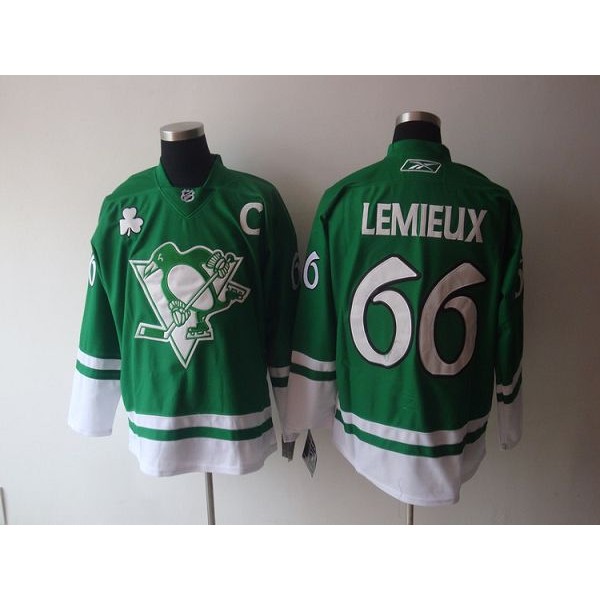 Penguins #66 Mario Lemieux Stitched Green St Patty's Day Jersey