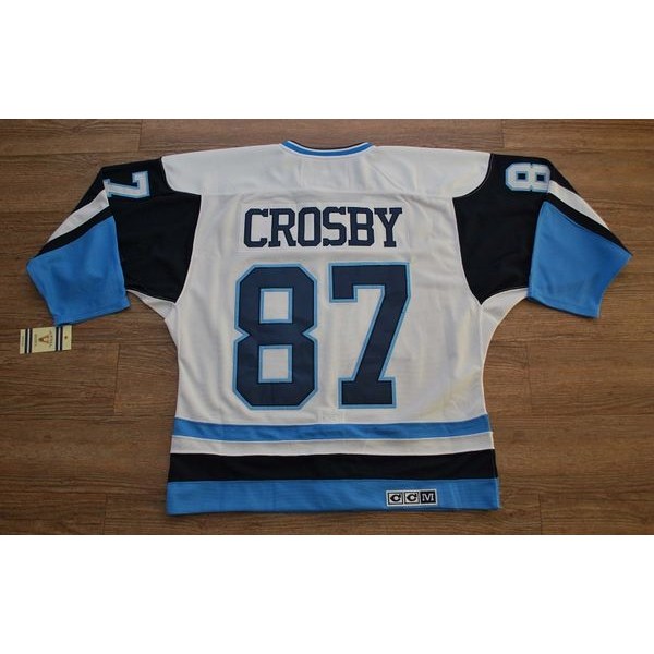 Penguins #87 Sidney Crosby Stitched White Blue CCM Throwback Jersey
