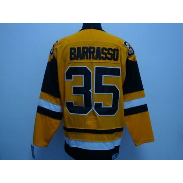 Penguins #35 Tom Barrasso Stitched Mitchell Ness Yellow Jersey
