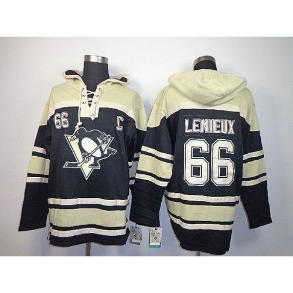 Penguins #66 Mario Lemieux Black Sawyer Hooded Sweatshirt Stitched Jersey