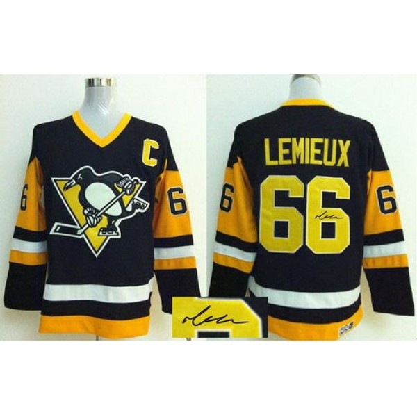 Penguins #66 Mario Lemieux Black CCM Throwback Autographed Stitched Jersey