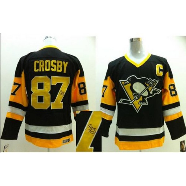 Penguins #87 Sidney Crosby Black CCM Throwback Autographed Stitched Jersey
