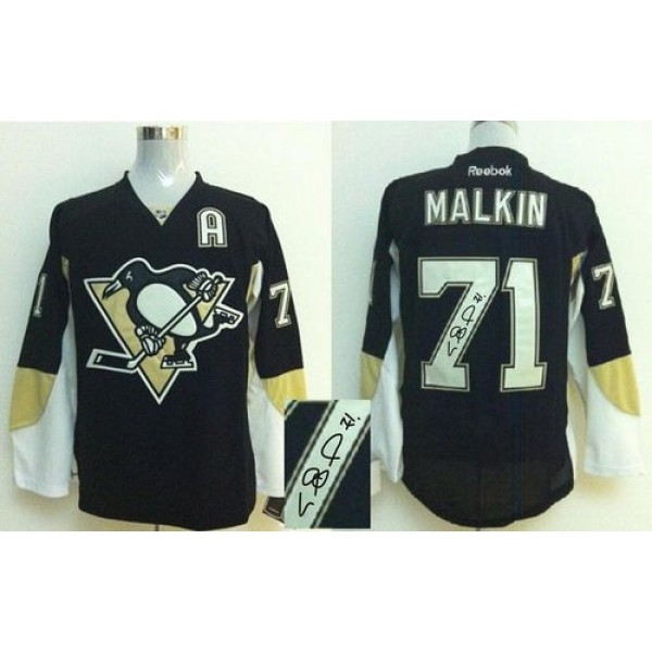 Penguins #71 Evgeni Malkin Black Autographed Stitched Jersey