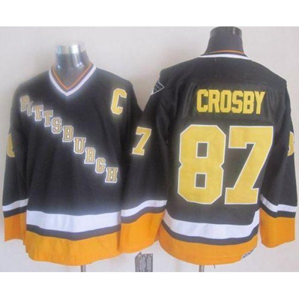 Penguins #87 Sidney Crosby Black Yellow CCM Throwback Stitched Jersey