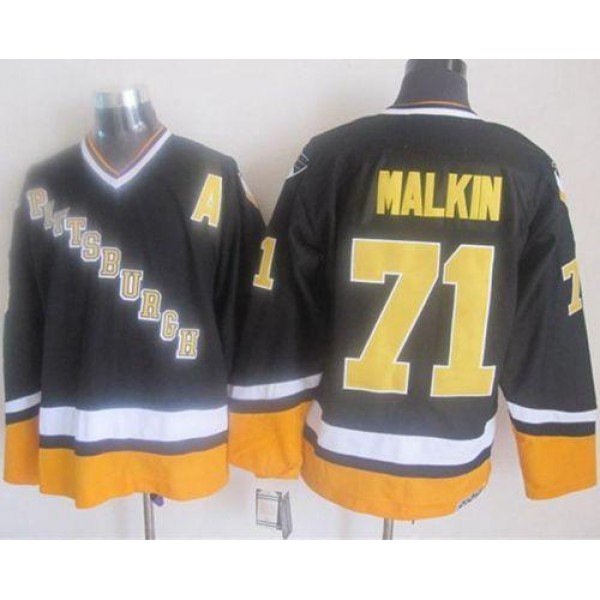 Penguins #71 Evgeni Malkin Black Yellow CCM Throwback Stitched Jersey