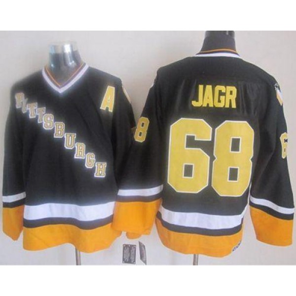 Penguins #68 Jaromir Jagr Black Yellow CCM Throwback Stitched Jersey