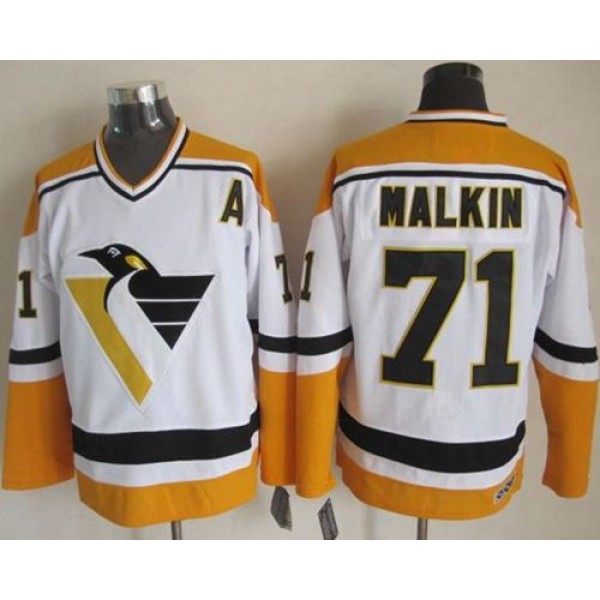 Penguins #71 Evgeni Malkin White Yellow CCM Throwback Stitched Jersey