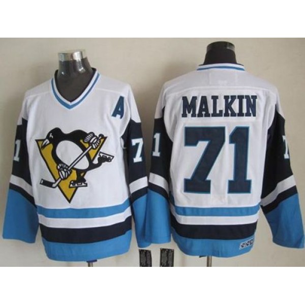Penguins #71 Evgeni Malkin White Blue CCM Throwback Stitched Jersey
