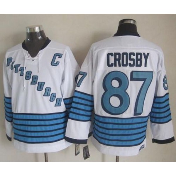 Penguins #87 Sidney Crosby White Light Blue CCM Throwback Stitched Jersey