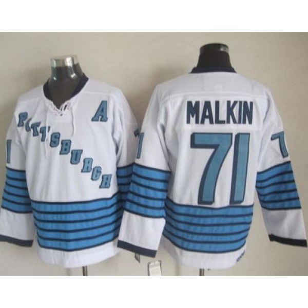 Penguins #71 Evgeni Malkin White Light Blue CCM Throwback Stitched Jersey
