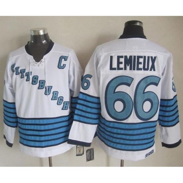 Penguins #66 Mario Lemieux White Light Blue CCM Throwback Stitched Jersey