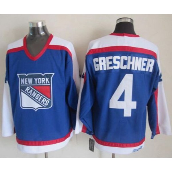 Rangers #4 Ron Greschner Blue White CCM Throwback Stitched Jersey