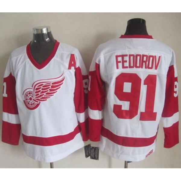 Red Wings #91 Sergei Fedorov White CCM Throwback Stitched Jersey