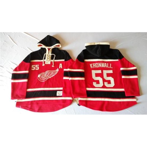 Red Wings #55 Niklas Kronwall Red Sawyer Hooded Sweatshirt Stitched Jersey