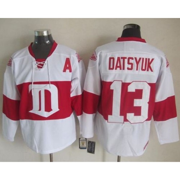 Red Wings #13 Pavel Datsyuk White Winter Classic CCM Throwback Stitched Jersey