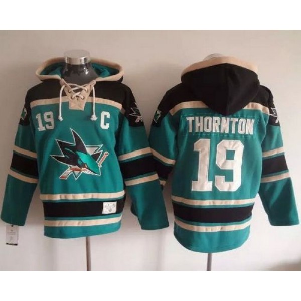 Sharks #19 Joe Thornton Teal Sawyer Hooded Sweatshirt Stitched Jersey