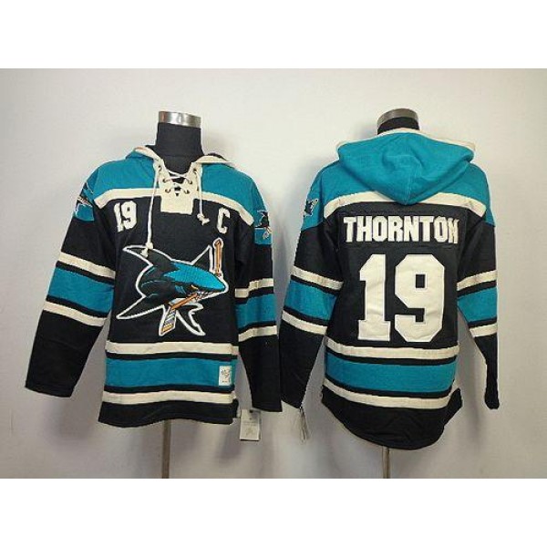 Sharks #19 Joe Thornton Black Sawyer Hooded Sweatshirt Stitched Jersey
