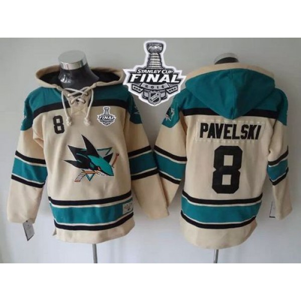 Sharks #8 Joe Pavelski Cream Sawyer Hooded Sweatshirt 2016 Stanley Cup Final Patch Stitched Jersey