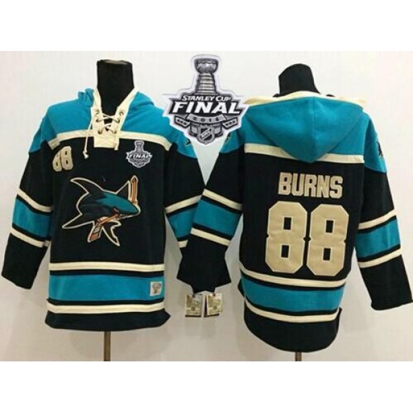 Sharks #88 Brent Burns Black Sawyer Hooded Sweatshirt 2016 Stanley Cup Final Patch Stitched Jersey