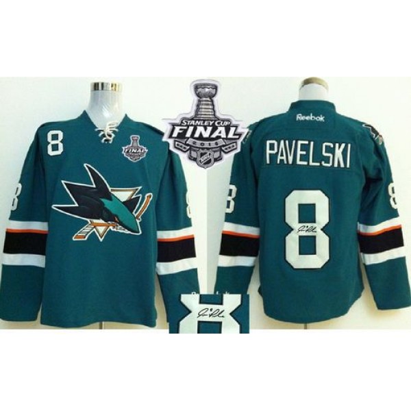 Sharks #8 Joe Pavelski Teal Autographed 2016 Stanley Cup Final Patch Stitched Jersey