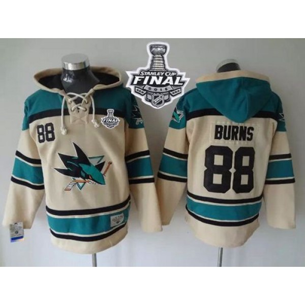 Sharks #88 Brent Burns Cream Sawyer Hooded Sweatshirt 2016 Stanley Cup Final Patch Stitched Jersey