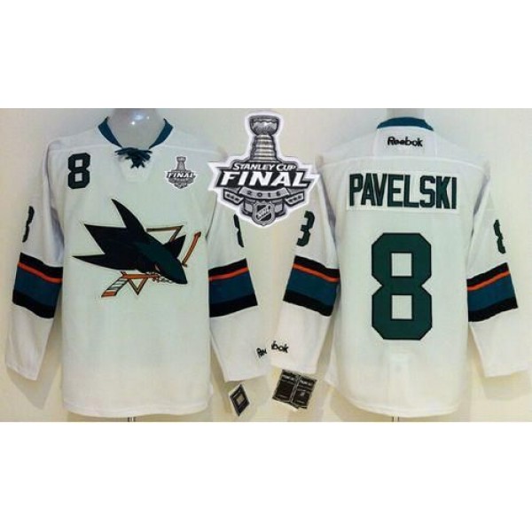 Sharks #8 Joe Pavelski White 2016 Stanley Cup Final Patch Stitched Jersey