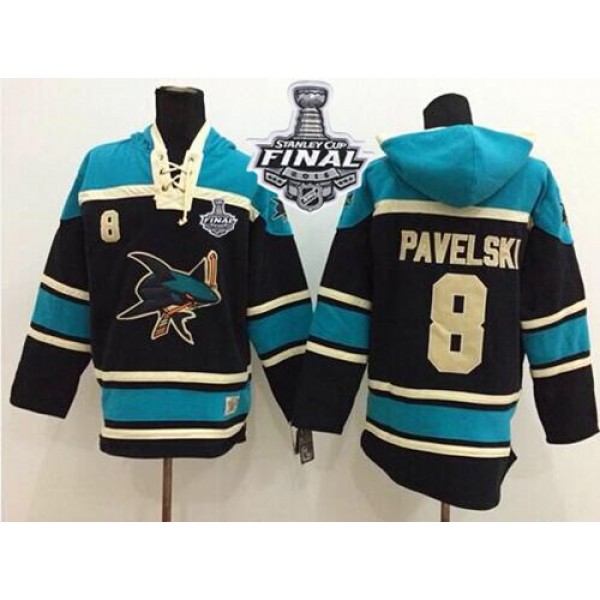 Sharks #8 Joe Pavelski Black Sawyer Hooded Sweatshirt 2016 Stanley Cup Final Patch Stitched Jersey