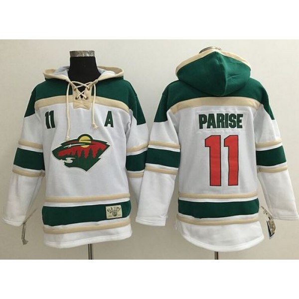 Wild #11 Zach Parise White Sawyer Hooded Sweatshirt Stitched Jersey