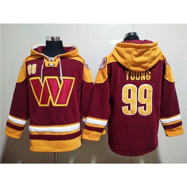 Washington Commanders #99 Chase Young Burgundy Lace-Up Pullover Hoodie