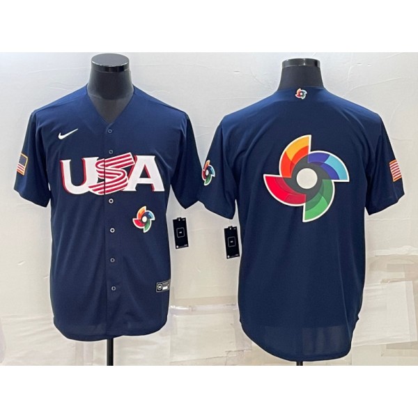 USA 2023 Navy World Big Logo With Patch Classic Stitched Jersey