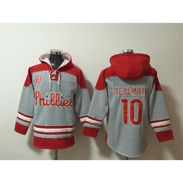 Philadelphia Phillies #10 J.T. Realmuto Grey Red Ageless Must-Have Lace-Up Pullover Hoodie