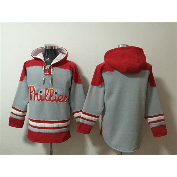 Philadelphia Phillies Blank Grey Red Ageless Must-Have Lace-Up Pullover Hoodie