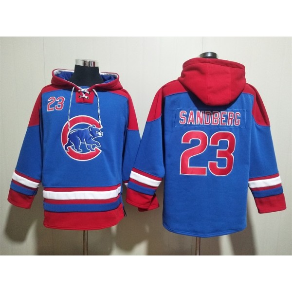 Chicago Cubs #23 Ryne Sandberg Royal Red Ageless Must-Have Lace-Up Pullover Hoodie