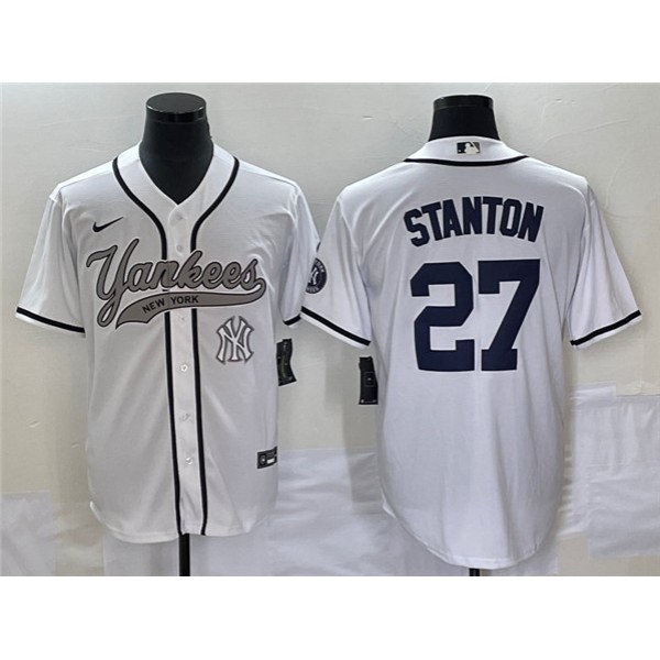New York Yankees #27 Giancarlo Stanton White With Patch Cool Base Stitched Jersey