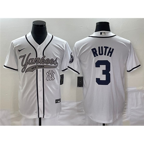 New York Yankees #3 Babe Ruth White With Patch Cool Base Stitched Jersey