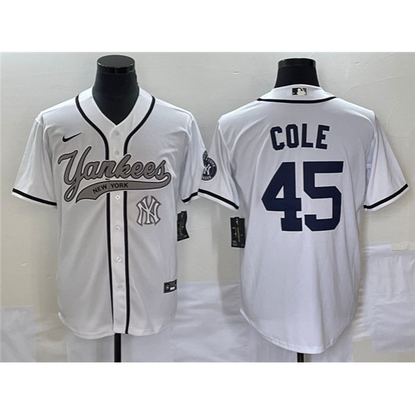 New York Yankees #45 Gerrit Cole White With Patch Cool Base Stitched Jersey