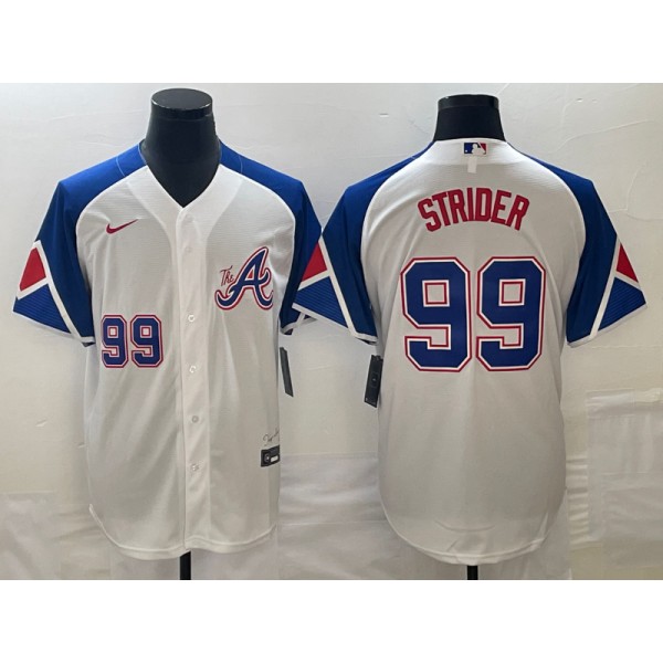 Atlanta Braves #99 Spencer Strider White 2023 City Connect Cool Base With Patch Stitched Jersey