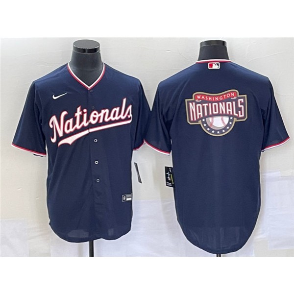 Washington Nationals Navy Big Logo In Back Stitched Jersey