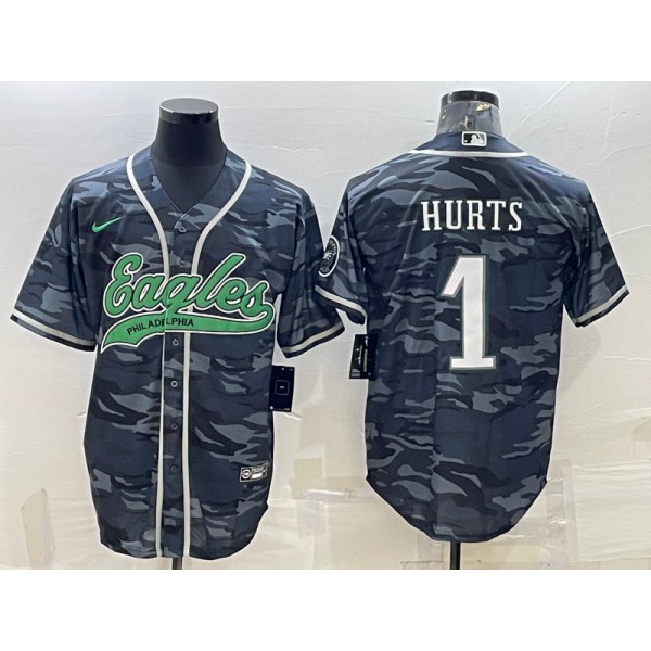 Philadelphia Eagles #1 Jalen Hurts Grey Camo With Patch Cool Base Stitched Baseball Jersey