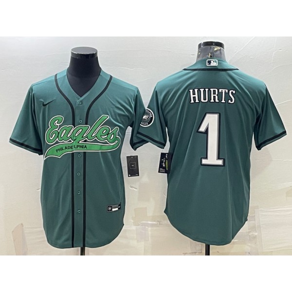 Philadelphia Eagles #1 Jalen Hurts Green With Patch Cool Base Stitched Baseball Jersey