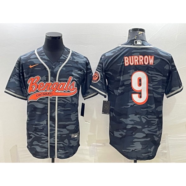 Cincinnati Bengals #9 Joe Burrow Grey Camo With Patch Cool Base Stitched Baseball Jersey