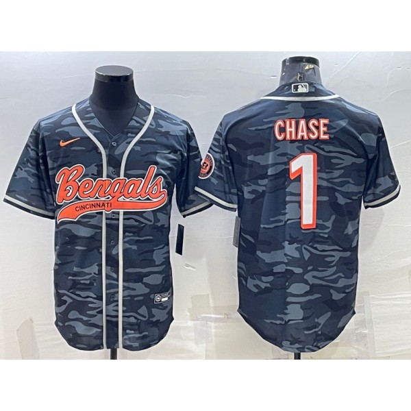 Cincinnati Bengals #1 Ja'Marr Chase Grey Camo With Patch Cool Base Stitched Baseball Jersey