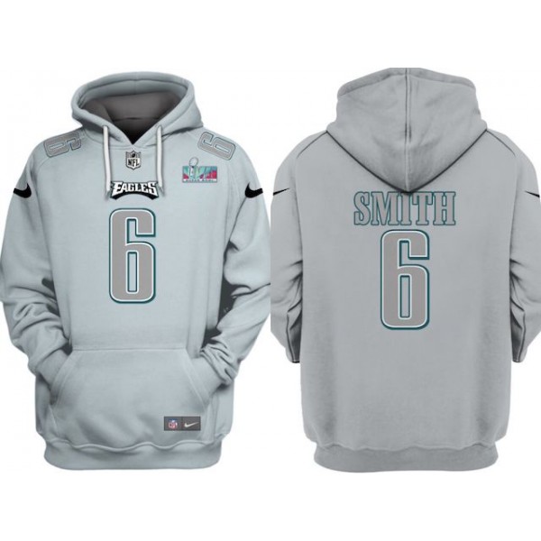 Philadelphia Eagles #6 DeVonta Smith Grey Atmosphere Fashion Super Bowl LVII Patch Pullover Hoodie