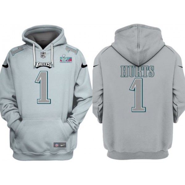 Philadelphia Eagles #1 Jalen Hurts Grey Atmosphere Fashion Super Bowl LVII Patch Pullover Hoodie