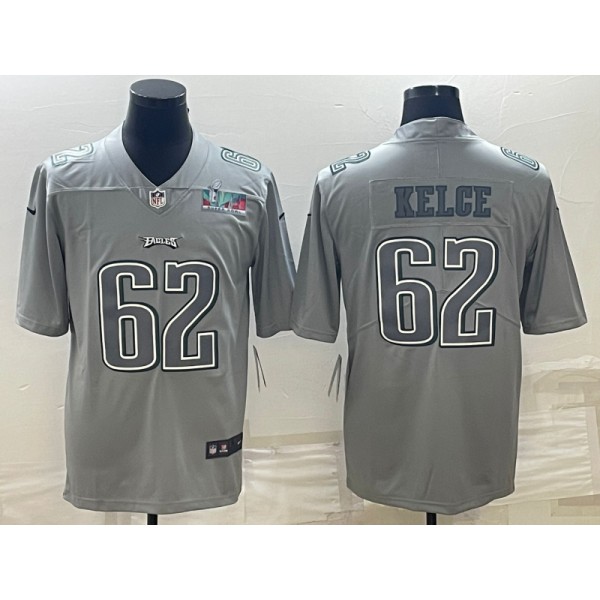 Philadelphia Eagles #62 Jason Kelce Gray Super Bowl LVII Patch Atmosphere Fashion Stitched Jersey