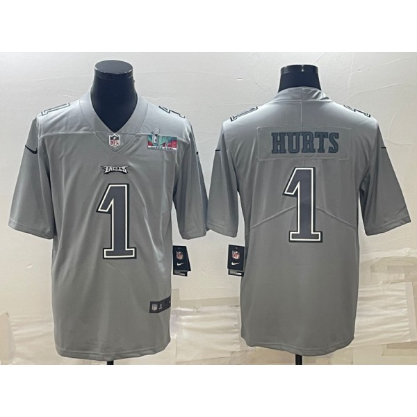 Philadelphia Eagles #1 Jalen Hurts Gray Super Bowl LVII Patch Atmosphere Fashion Stitched Jersey